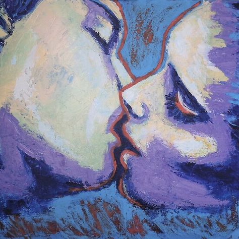 Lovers - Kiss In Purple And Blue Blue Lovecore, Purple And Blue Painting, Lovers Kiss, Portraiture Painting, Art Therapy Activities, Figurative Artists, Blue Painting, Textured Artwork, Painting Edges