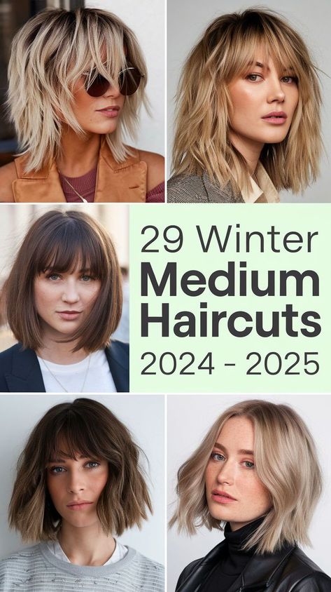 The winter medium haircuts 2024-2025 trend features shoulder-length cuts with bangs and layers that suit women with round faces. Adding layers face framing helps to create a slimmer look. Wavy hair and thick hair benefit from the added movement, while women’s bob styles remain timeless. For a more daring look, incorporate an undercut or edgy details. Fringe Hairstyles Short Shoulder Length, Medium Haircut For Round Faces Straight, Medium Length Haircut Full Face, Haircut Shoulder Length Bangs, Medium Length Haircuts 2024, Above Shoulder Hair With Layers, Bang Trend 2024, Hair Cuts 2024 Trends Wavy, Shoulder Length Bob Round Face