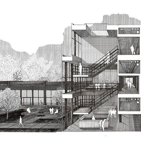 Hand Drawn Section, Section Drawing Architecture, Architectural Presentation, Architecture Elevation, Architecture Background, Architecture People, Architecture Sketchbook, Architecture Collage, Architecture Graphics