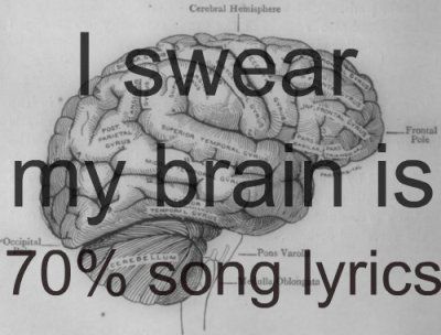 so true. all these random lyrics floating around but cant remember my class material to save my life -_- 90 Songs, I'm With The Band, Totally Me, It Goes On, Describe Me, My Brain, My Chemical, I Love Music, All Music