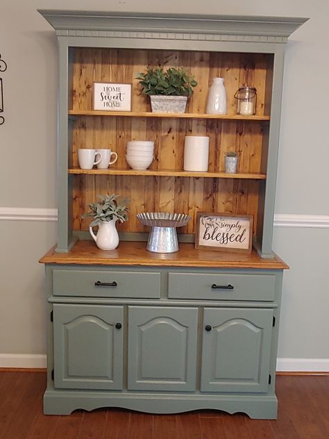 Hutch makeover with SW Retreat paint color. Painting Buffet Cabinet, Buffet And Hutch Makeover, Diy China Cabinet Makeover Ideas, Antique Hutch Decorating Ideas, Sw Retreat Paint, Small Hutch Makeover, Buffet Hutch Makeover, Retreat Paint Color, Sw Retreat