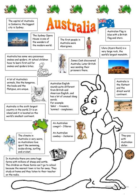 Australia worksheet - Free ESL printable worksheets made by teachers Australia Projects For Kids, Australia Activities For Kids, Australia Worksheet, Australia Facts For Kids, Australia Preschool, Australia Geography, Australia Activities, Animals In Australia, Australia Continent