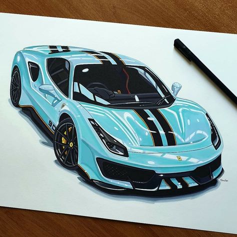 Ferrari Car Sketch, Realistic Car Drawings, Supercar Drawing, Ferrari Drawing, Sports Car Drawing, Rolls Royce Car, Ferrari 488 Pista, Royce Car, Cars Design