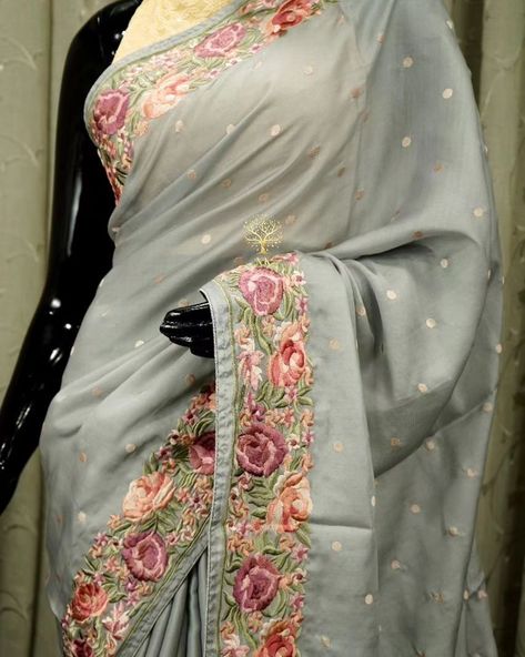 *Beautiful floral parsi work on butter soft tussar silk saree paired with blouse* *Price 4100+&* For Parsi Work Embroidery, Tussar Saree, Elite Fashion, Ethnic Looks, Blouse Price, Tussar Silk Saree, Silk Ribbon Embroidery, Silk Yarn, Beautiful Embroidery