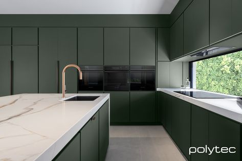 Doors and panels in Botanic Venette. Matt Green Kitchen, Olive Green Kitchen Island, Polytec Kitchen, Coloured Kitchens, Kitchen 2025, Cabbage Tree, Kitchen Moodboard, Prime Oak, Kitchen Color Trends