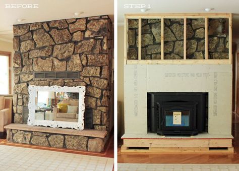 Fireplace-Cover-Up-Side-by-Side Fireplace Cover Up, Cover Fireplace, Reface Fireplace, Painted Stone Fireplace, Stone Fireplace Makeover, Rock Fireplace, Fireplace Redo, Fireplace Update, Faux Rock