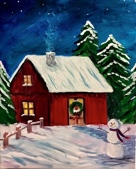 Christmas Cabin Painting, Christmas Scenery Paintings Easy, Christmas Simple Paintings, Winter Drawing Aesthetic, Christmas Scenes To Paint, Christmas Aesthetic Painting, Winter Painting Easy, Christmas House Painting, Christmas Scene Painting