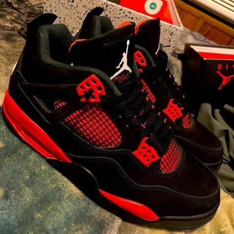 Air Jordan 4 Red Thunder, Jordan 4 Red Thunder, Red Nike Shoes, Nike Shoes Women Fashion, Jordan 4 Red, Pretty Sneakers, Fav Shoes, Nike Fashion Shoes, Jordan 4s