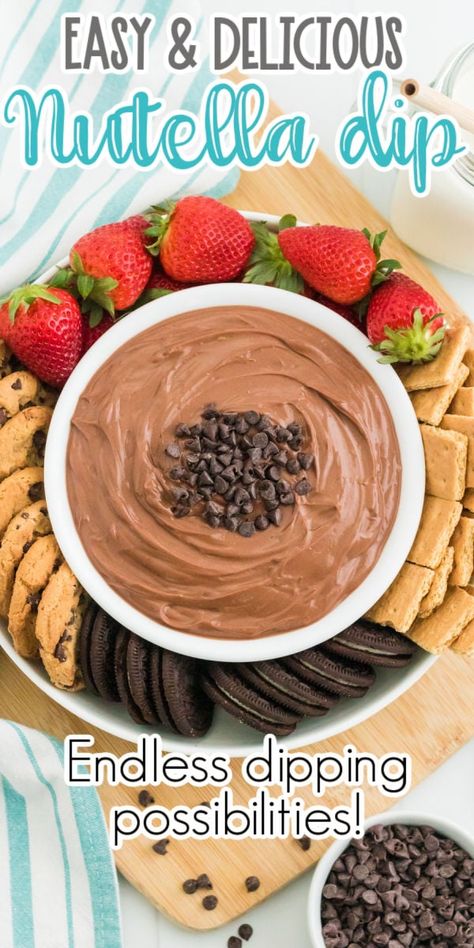 This easy and creamy Nutella dip is one of the best dips for fruits, strawberries, and even salty things like pretzels! Nutella Dipped Strawberries, Quick And Easy Dessert Dips, Kid Friendly Dips, Dip For Strawberries, Nutella Fruit Dip, Strawberries And Nutella, Nutella Desserts Easy, Best Dips, Nutella Dip