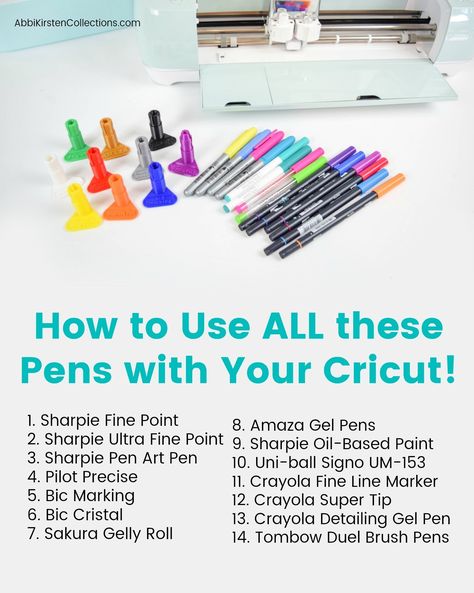 How to Use Any Pen with Your Cricut Machine: Easy Cricut Pens Tutorial. Learn how to use pens like Sharpie, Bic, Crayola markers and Tombow brush pens with your Cricut machine! Cricut Pens Hack, Cricut Tips And Tricks, Cricut Writing, Cricut Pens, Space Hacks, Pencil Pouches, Tombow Brush Pen, Cricut Hacks, Bic Pens