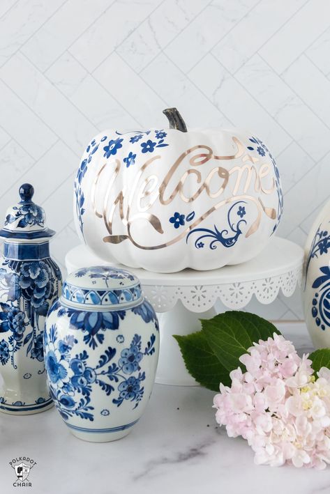 DIY Blue & White Chinoiserie Pumpkins | Polka Dot Chair Blue And White Fall Decor, Diy Halloween Porch, Fall Candles Diy, Decoupage Pumpkins, Chinoiserie Pumpkins, Creative Pumpkin Decorating, Pumpkin Uses, Polka Dot Chair, Pumpkin Topiary