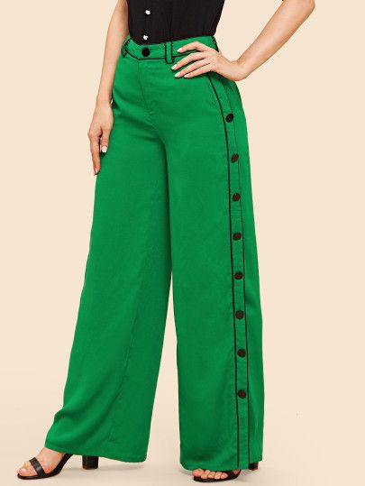 Double Button Side Wide Leg Pants -SheIn(Sheinside) Cheap Wide-leg Pants With Multiple Pockets, Green Wide-leg Pants With Multiple Pockets, Green High-waisted Wide Leg Pants With Pockets, Green Wide-leg Jeans With Side Pockets, Green Wide-leg Bottoms With Drawstring, Plazo Designs, Professional Office Outfit, Trouser Pants Pattern, Women Trousers Design