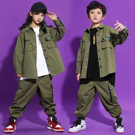 Dance Costumes Hip Hop, Hip Hop Costumes, Kids Summer Fashion, Army Green Jacket, Label Sticker, Tomboy Outfits, Hip Hop Outfits, Estilo Hip Hop, Stage Performance