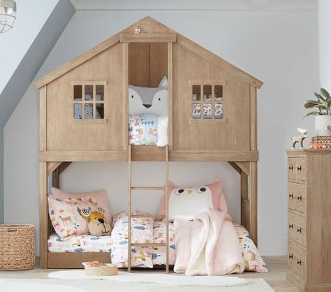 Tree House Twin-Over-Twin Kids Bunk Bed | Pottery Barn Kids Bunk Beds Pottery Barn Kids, Treehouse Loft Bed, Playhouse Loft Bed, House Bunk Bed, Fox Pillow, Woodland Fox, Twin Loft Bed, Low Bed, Twin Bunk Beds