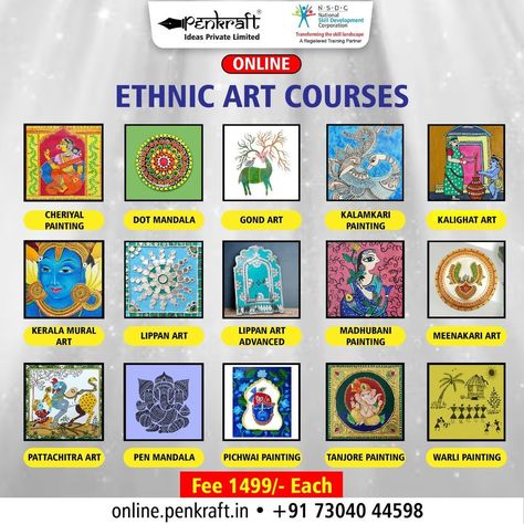 #LearnOnline with #Penkraft! #Penkraft #OnlineArtCourses are all structured, module-based, certified, 20-hours courses. The fee for each Penkraft Online Art course is INR ₹1,499/-. Material needed for each course is supplied FREE of cost and delivered to your address! To know more click here: https://online.penkraft.in/OnlineCourse/EthnicArtforms Contact us on +91 73040 44598 #PenkraftOnline #OnlineCourse #Artform #Art #Creativity #CertifiedCourse #Hobby #ArtCourses Art Forms Of India, Indian Contemporary Art, Handwriting Calligraphy, Art Painting Tools, Folk Art Flowers, Art Basics, Beautiful Art Paintings, Art Creativity, Madhubani Art