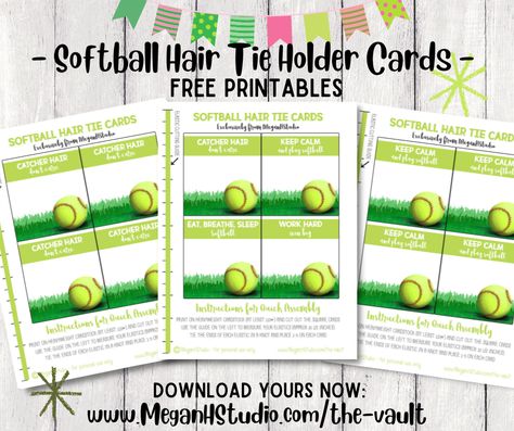 free printable softball birthday party favor ideas, softball scrunchie holder cards, meganhstudio #softball #softballhairstyles #catcherhairdontcare #softballmom #girlssoftball #softballteamgift #softbalcoachgift Softball Tags Printable Free, Tags Printable Free, Softball Birthday, Pet Adoption Certificate, Scrunchie Holder, Softball Hair, Football Hair, Hair Tie Holder, Jungle Safari Baby