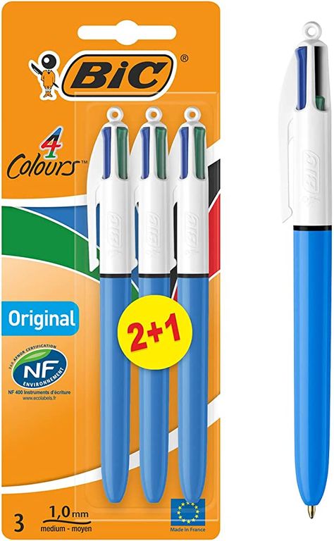 BIC 4 Colours Original, Retractable Ballpoint Pens, Ideal for School, Medium Point (1.0mm), Multi-coloured, Pack of 3 : Amazon.co.uk: Stationery & Office Supplies Multi Color Pen, Bic Pens, Eco Label, Writing Pens, Colored Pens, Bullet Journals, Bullet Journaling, Ink Pen Drawings, Ballpoint Pens