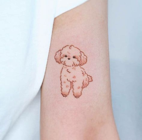 Scattered Tattoo Ideas, Korean Dog Tattoo, Kawaii Dog Tattoo, Pet Tattoo Ideas, Donut Tattoo, Poodle Tattoo, Pixie Tattoo, Puppy Tattoo, Pet Tattoos