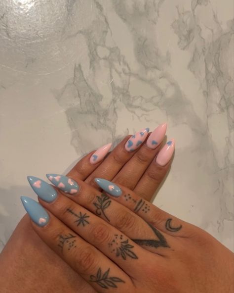 Pink And Blue Nail Inspiration, Blue Nails Pink Heart, Pink And Blue Valentines Nails, Blue Nails With Pink Heart, Blue And Pink Heart Nails, Baby Blue Valentine Nails, Pink And Blue Pastel Nails, Blue And Light Pink Nails, Light Blue Valentine Nails