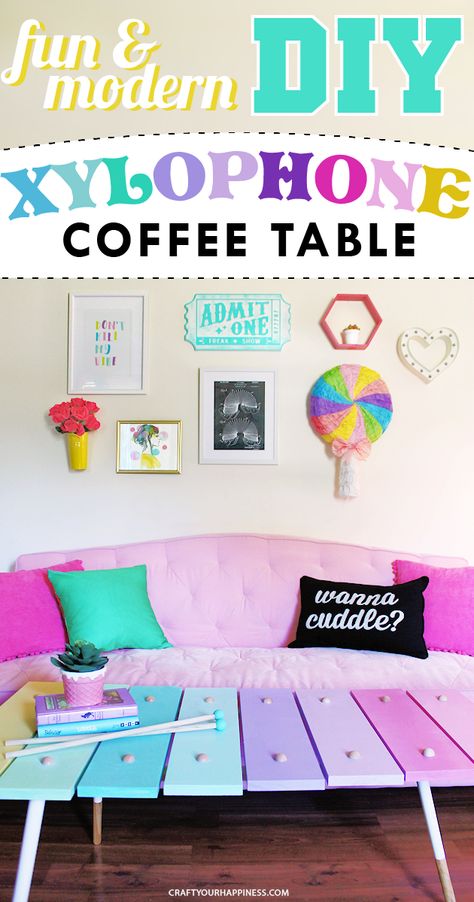 Learn how to make a xylophone DIY coffee table! It’s super fun, cheap, & easy to make & adds a lot of color & whimsy to your space.  Printable supply list. How To Make A Xylophone, Diy Xylophone, Upcycle Kids, Diy Classroom Furniture, Funky Aesthetic, Crayon Crafts, Wood Things, Thrifty Thursday, Pallet Creations