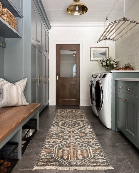 The laundry room of our dreams! From multiple flush-mounts overhead to a Steele Canvas laundry cart, every detail maximizes storage and function. Shop hooks, hardware, and more from the project. Design and photo by @makingprettyspaces #projectcollective #rejuvenationpartner Cottage Laundry Room Ideas, Mud Room And Pantry Combo, Cottagecore Laundry Room, Vintage Laundry Rooms, Lake House Laundry Room, Steele Canvas, House Laundry Room, White Laundry Rooms, Holiday Living Room