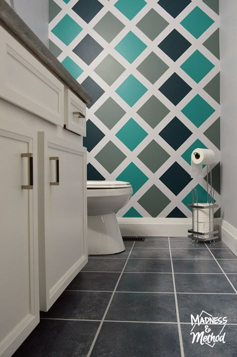 Today I'm sharing my bro's budget bathroom reveal! We tried to keep as many elements in the room as possible and updated almost everything with paint. Geometric Wall Paint, Wall Paint Patterns, Paint Patterns, Wall Painting Techniques, Diy Wand, Diy Wall Painting, Room Wall Painting, Bedroom Wall Designs, Bedroom Wall Paint