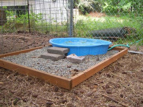 duck pen - I am going to try something like this in my duck coop. No Dig Duck Pond, Chicken Pond Ideas, Duck Pool Ramp Ideas, Duck Cage Ideas Outdoor, Duck Pond Drainage, Geese Coop Ideas, Easy Drain Duck Pond, Chicken And Duck Run, Duck Pin Ideas