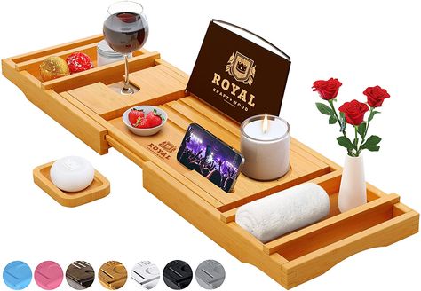 Arrives by Thu, Nov 4 Buy Royal Craft Wood Natural Bamboo Luxury Bathtub Caddy Tray Organizer for Bath Products - Water Resistant at Walmart.com Bathtub Caddy Tray, Spa Luxe, Wood Bathtub, Bath Board, Tub Tray, Royal Craft, Luxury Bathtub, Bathtub Caddy, Bath Table