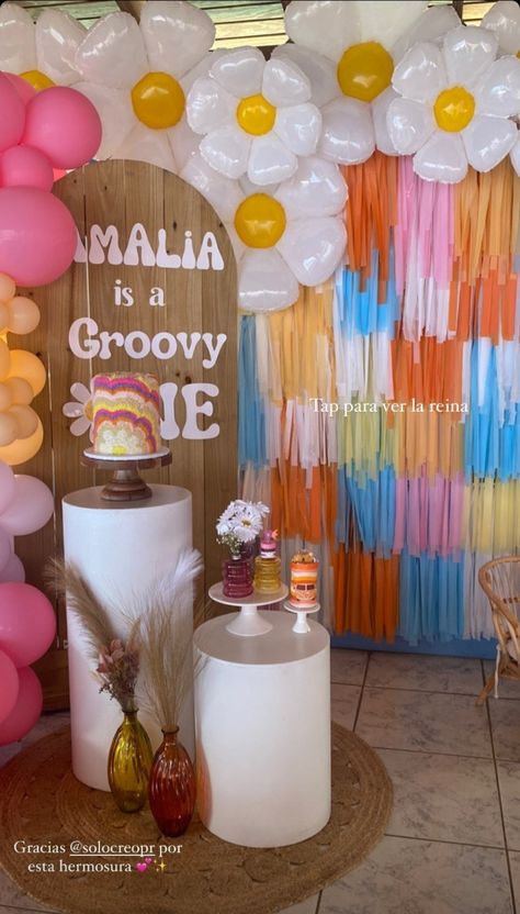 Groovy Backdrop Ideas, Groovy One Photoshoot, Groovy One Backdrop, Two Groovy Birthday Backdrop, Hippie Baby Shower Ideas Girl, One Groovy Baby Birthday Decorations, One Grovy Baby, One Groovy Babe Birthday Decor, Groovy One