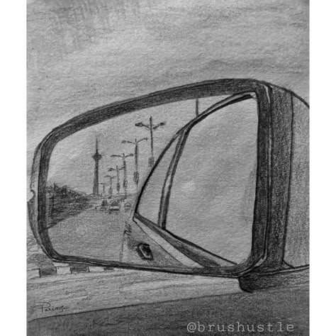 She always sat near the window to look for the beauty outside. ☀️| Medium: 8B Pencil | Creative, Quick, Black and White sketch of a photograph capturing the beautiful scene clicked by me while travelling in the car. It’s all about reflections. Click the image, for more Creative drawings and sketches. @brushustle  #visualart #indianartist #parikajain #Creativedrawing #mirrordrawing #mirrorphotograph #quicksketch #reflectiondrawing #brushustle Mirror Breaking Drawing, Window Reflection Drawing, Reflection Art Drawings, Window Drawing Sketch, Car Window Drawing, Car Mirror Reflection, Mirror Image Drawing, Travel Drawing Sketches, Reflection Sketch