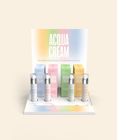 ACQUA CREAM on Behance Cosmetic Display Design, Counter Display Design, Creative Box Design, Box Packaging Design Ideas, Unique Packaging Box, Cosmetics Display Stand, Retail Design Display, Point Of Sale Display, Perfume Display