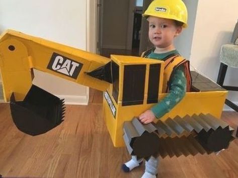 Steven: Our son is in love with construction equipment and his favorite thing is the excavator. My creative wife built the costume by hand out of cardboard, tape, and some spray... Excavator Wagon Costume, Toddler Excavator Costume, Construction Truck Costume Diy, Construction Vehicle Costume, Construction Costume Kids, Kids Construction Costume, Construction Truck Costume, Cardboard Excavator Diy, Diy Digger Costume