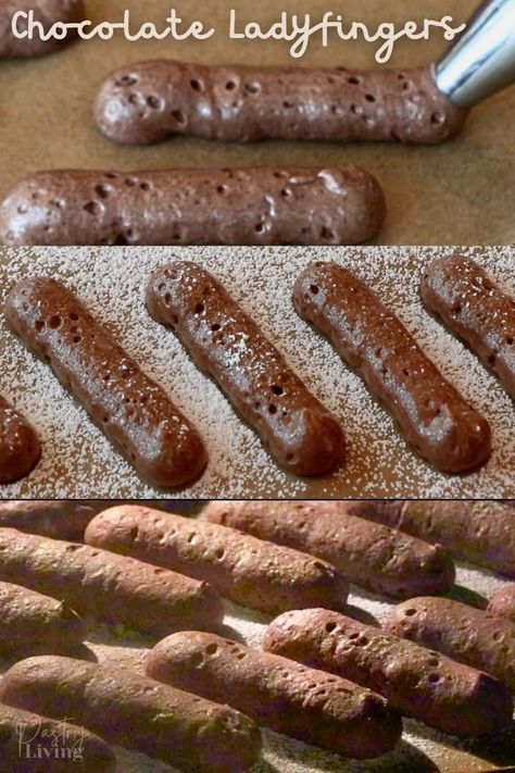 chocolate ladyfingers before and after baking them Chocolate Ladyfingers, Ladyfinger Recipe, Lady Finger Recipe, Colossal Cookies, Chocolate Fingers, Lady Fingers Recipe, British Baking Show Recipes, Decorative Food, Popcorn Chicken