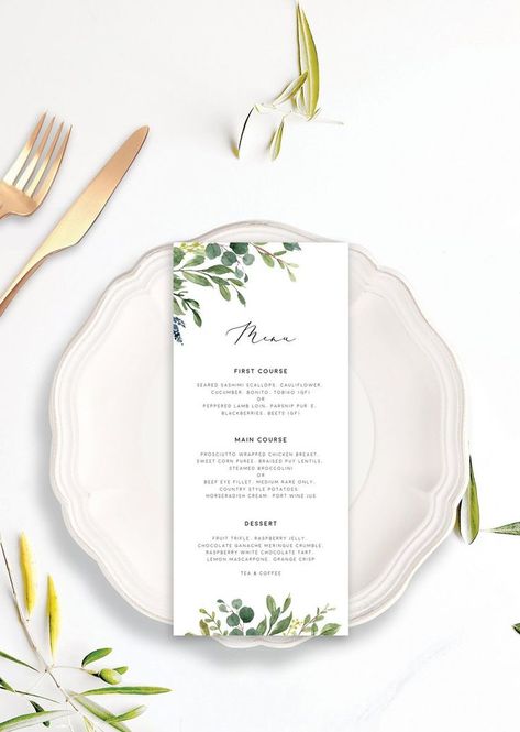 Let’s break down incorporating greenery in a tasteful and stunning way! This green leaf wedding reception dinner menu features a mixture of botanical leaves and florals. This seating chart is part of the entire wedding stationery with printable templates for all the items you will require for a greenery or garden wedding in summer, spring, winter or or fall/autumn. #greenerymenu #receptionmenu #weddingreception #greenerywedding Wedding Table Menus, Wedding Reception Dinner, Botanical Leaves, Reception Dinner, Wedding Menu Template, Eucalyptus Wedding, Wedding Menu Cards, Printable Templates, Printable Wedding Invitations