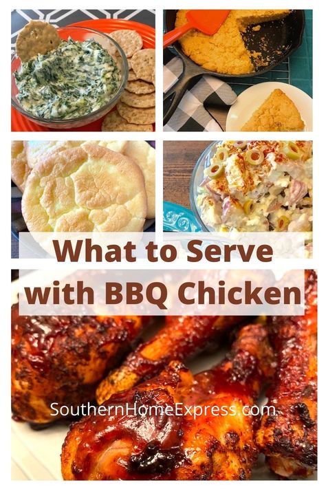 What to serve with bbq chicken is determined by what you like. Enjoy a variety of salads, vegetables, potatoes, breads, and desserts. #bbqchickensidedishes #sidesforbarbecue Sides With Drumsticks, Chicken Legs Sides Dishes, What To Make With Bbq Chicken, Baked Bbq Chicken Side Dishes, Bbq Chicken With Sides, Bbq Chicken And Veggies, Baked Bbq Chicken Sides, Side With Bbq Chicken, Barbecue Chicken Meals