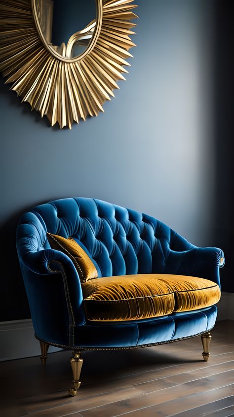 Blue And Gold Palette, Couch Interior Design, White Leather Bed, Gold And Dark Blue, Gold Couch, Tea Room Decor, Blue Velvet Couch, Chesterfield Furniture, Furniture Photography