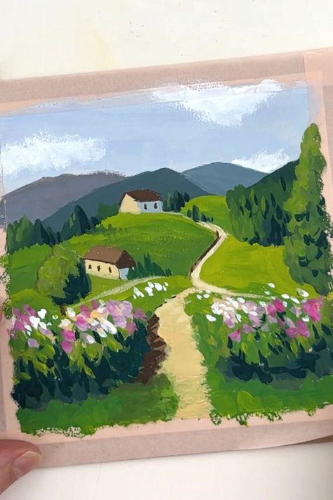 Gouache painting landscape ★ Nice Landscape Painting, Guache Painting Aesthetic, What To Paint With Gouache, Gouache Acrylic Painting, Gauche Painting Ideas Easy, Landscape Art Painting Easy, Easy Postcard Painting, Simple Gouache Landscape, Guache Easy Painting