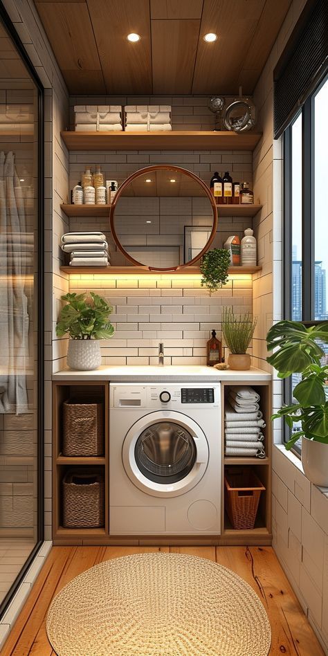 #Design #HomeDecor #HomeBedroomRefresh #CozyDecor #NaturalVibes House Interior For Small House, Natural Wood Home Design, Small House Room Ideas, Garage Laundry Area Makeover, Small House Design Interior Ideas, Small Laundry Bathroom Combo, Little Home Ideas, Laundry In Bathroom Ideas, Landry Designs Room