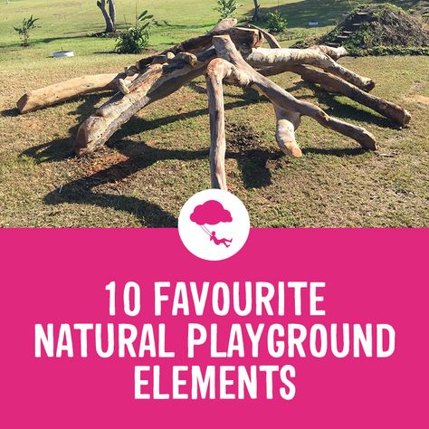 10 Favourite Natural Playground Elements | Playground Ideas Montessori Outdoor Environment Natural Playgrounds, Fallen Tree Playground, Forest School Playground, Unique Playground Ideas, Log Playground Ideas, Naturescape Playground, Natural Playground Backyard, Natural Playground Diy, Preschool Playground Ideas