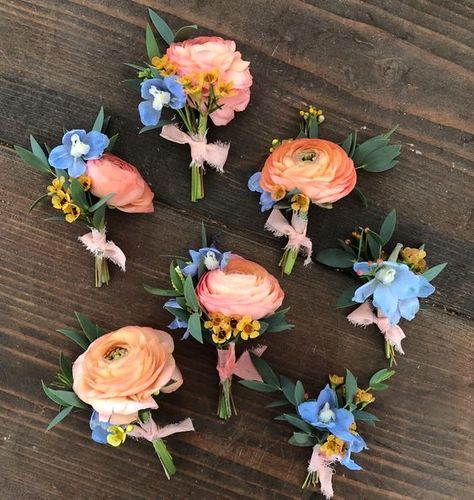 Colorful Flower Boutonniere, Peach Blue Boutonniere, Peach And Blue Wedding Centerpieces, Peach Light Blue Wedding, Periwinkle And Peach Wedding, Garden Wedding Boutonniere, Periwinkle Boutonniere, Colorful Wedding Boutonniere, Peach Boutonniere Wedding