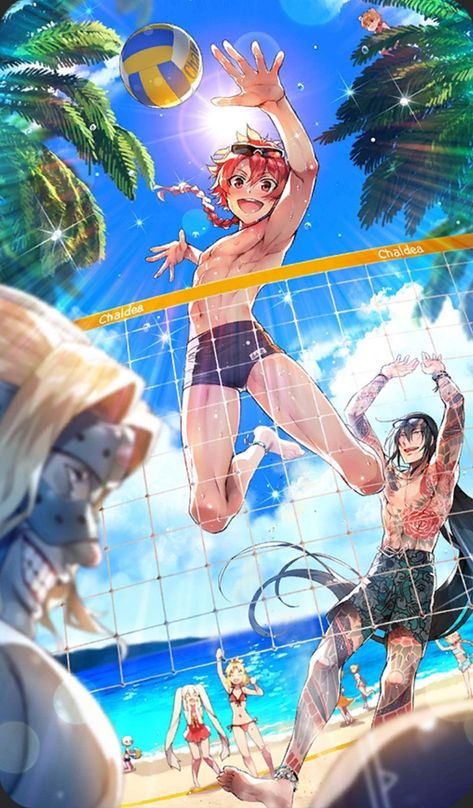 Volleyball Drawing, Beach Drawing, Anime Summer, Beach Illustration, Volleyball Anime, Scenery Background, Fate Anime Series, Fate Grand Order, Beach Volleyball