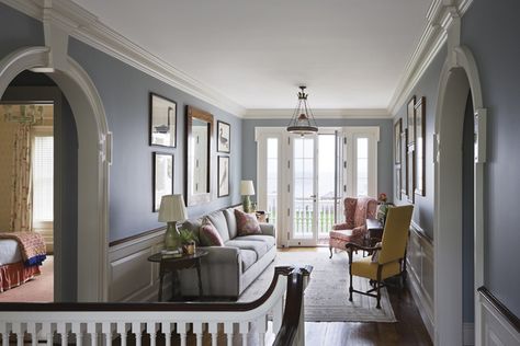 Sitting Room Upstairs Landing, Upstairs Sitting Area, Sofa Placement, Ferguson Shamamian, Foyer Remodel, Hangout Area, Loft Upstairs, Hallway Seating, Nantucket Style Homes