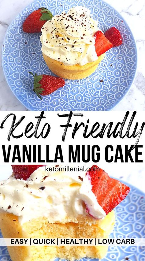 Looking for a quick and simple ketogenic dessert that�s ready in just minutes? Try this 1-minute keto vanilla mug cake coconut flour recipe that will satisfy your sweet tooth so quick! This keto microwave cake is made with coconut flour, cream cheese and Vanilla Cake In A Mug, Keto Vanilla Mug Cake, Keto Vanilla Cake, Vanilla Mug Cake Recipe, Cake In A Mug Recipe, Vanilla Mug Cake, Low Carb Mug Cakes, Mug Recipe, Mug Cake Recipes