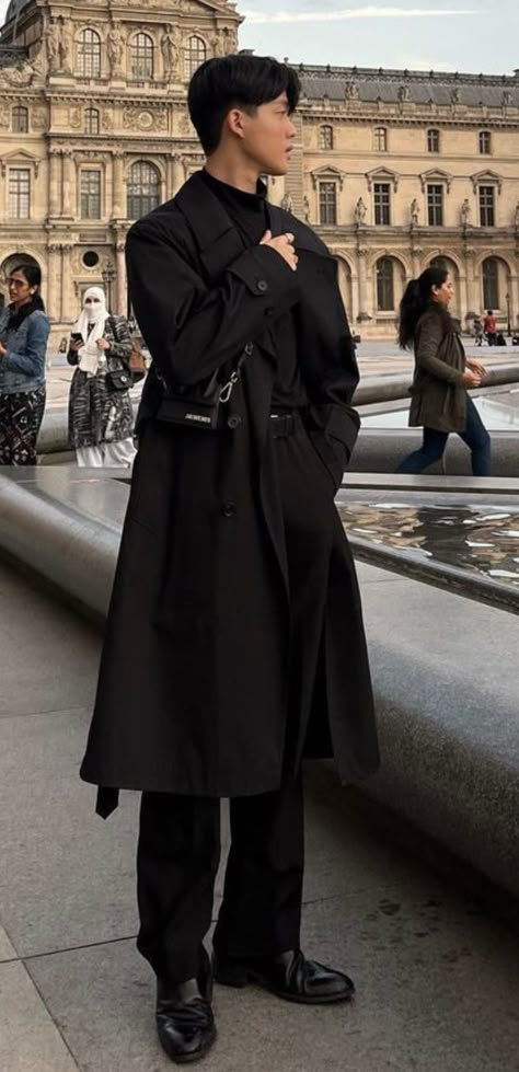 Dark Mysterious Outfits Men, Noir Aesthetic Outfit, Grim Reaper Aesthetic Outfits, Mobster Fashion, Grim Reaper Inspired Outfits, Dark Rich Aesthetic Man, Men’s Black Trench Coat Outfit, Aesthetic Outfit Men, Noir Aesthetic