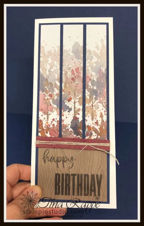 Handmade Male Birthday Card Ideas, Slimline Stampin Up Cards, Slimline Fall Card Ideas, Stampin Up Slim Line Cards, Slimline Card Sketches With Measurements, Slimline Card Ideas Birthday, Mini Slim Line Cards, Slimline Birthday Cards, Beauty Of The Earth Stampin Up Cards