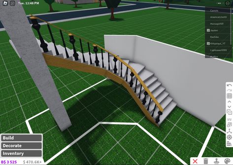 Bloxburg Spiral Stairs Ideas, Stair Ideas Bloxburg, Bloxburg Grand Staircase, Bloxburg Craftsman House Ideas, Custom Stairs Bloxburg, Stone Decals Bloxburg, Bloxburg Custom Stairs, Forest Bloxburg, Bloxburg Staircase