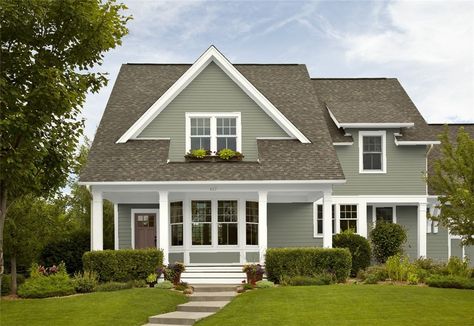 10 House Colors That Go With Brown Roofs Newburg Green Benjamin Moore, Brown Roof House Colors, Georgia Pacific Vinyl Siding, Brown Roof Houses, Newburg Green, Green Benjamin Moore, Benjamin Moore Exterior Paint, Siding Colors For Houses, Brown Roofs