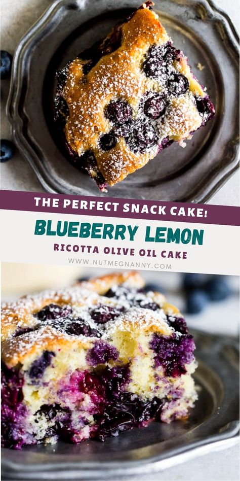 Blueberry Ricotta Breakfast Cake, Ricotta Olive Oil Cake, Ricotta Breakfast Cake, Ricotta Breakfast, Blueberry Ricotta, Blueberry Snacks, Blueberry Oatmeal Bake, Lemon Ricotta Cake, Blueberry Cake Recipes