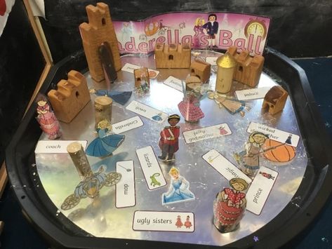 Cinderella tuff tray. Small world. EYFS. Celebrations Topic Eyfs, Fairytale Continuous Provision, Once Upon A Time Eyfs, Cinderella Eyfs Activities, Cinderella Eyfs, Small World Eyfs, Cinderella Crafts, Reception Classroom, Tuff Spot