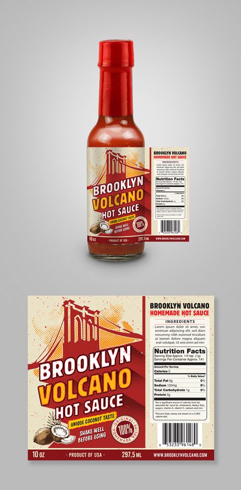 Brooklyn Volcano hot sauce label design Hot Sauce Label Design, Hot Sauce Packaging Design, Sauce Bottle Design, Simple Label Design, Sauce Label Design, Hot Sauce Label, Sauce Packaging Design, Chilly Sauce, Hot Sauce Packaging